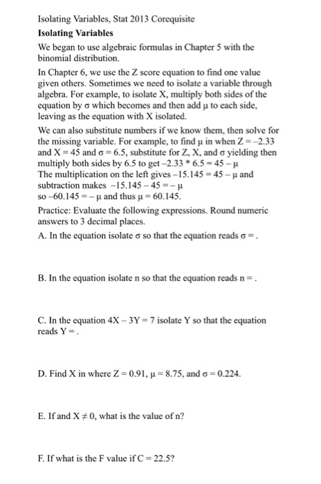 Solved Isolating Variables, Stat 2013 Corequisite Isolating | Chegg.com
