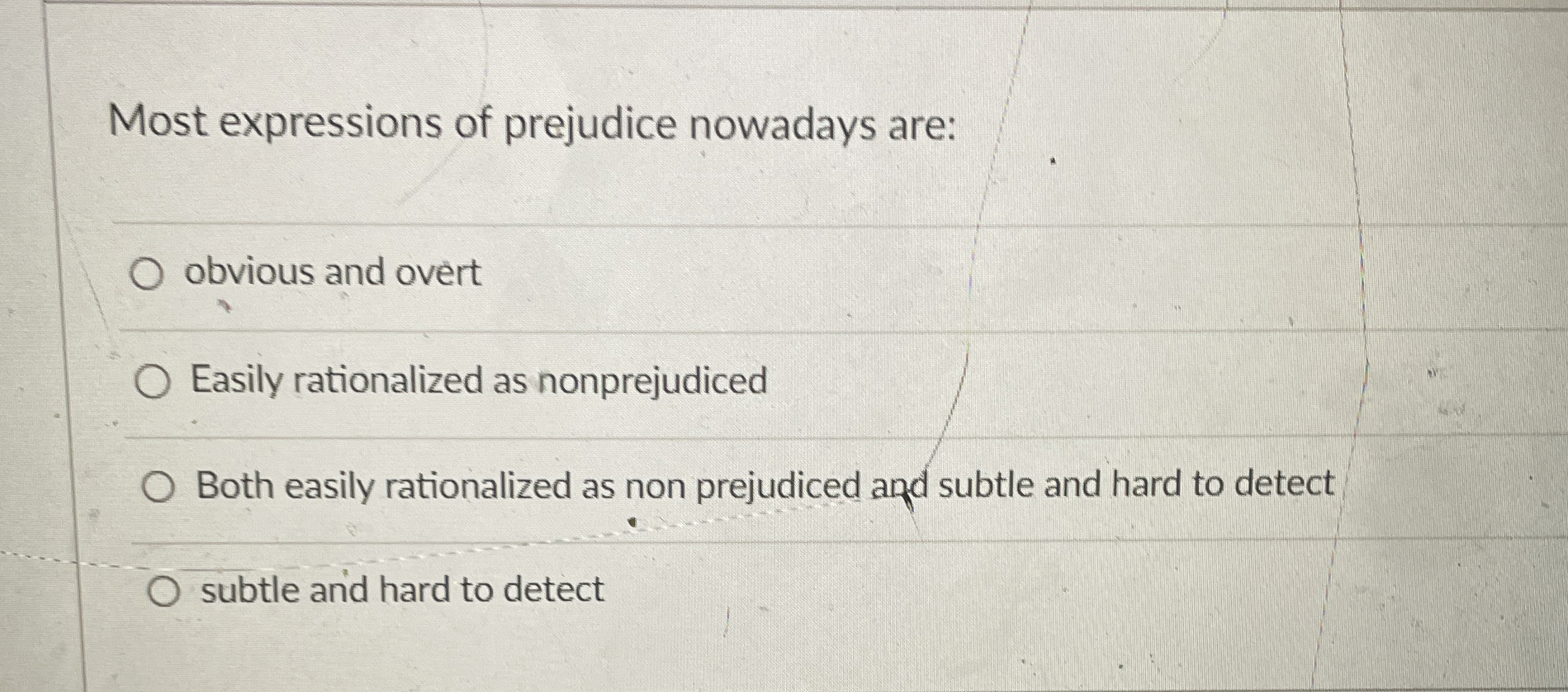 Solved Most expressions of prejudice nowadays are:obvious | Chegg.com
