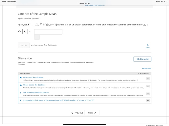 Solved 14:46 Wed 18 Sep 1D courses.edu.org Variance of the | Chegg.com