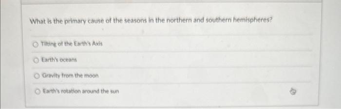 Solved What is the primary cause of the seasons in the | Chegg.com