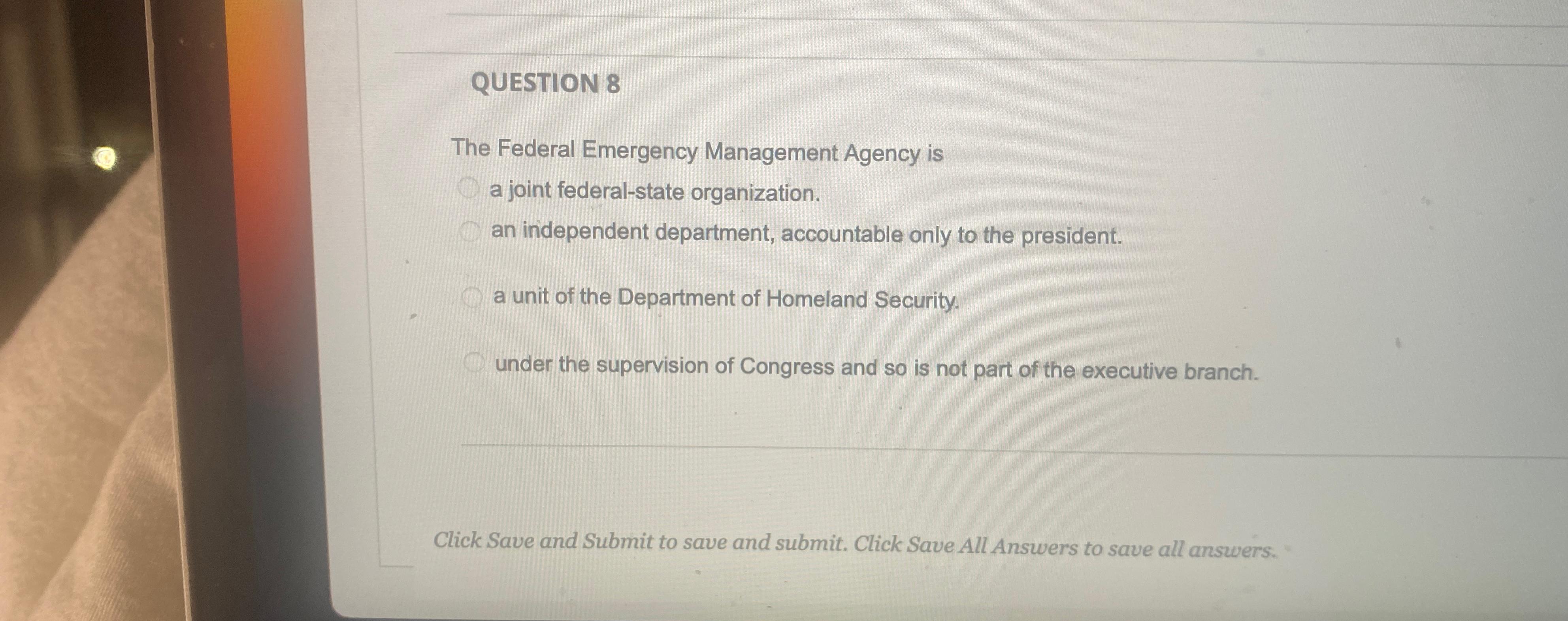 Solved QUESTION 8The Federal Emergency Management Agency isa | Chegg.com