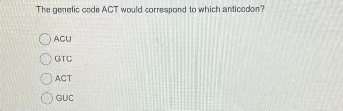Solved The genetic code ACT would correspond to which | Chegg.com