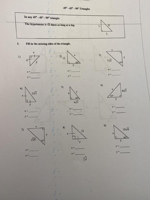 Solved #45-45-90° TRIANGLES 45 Hypotenuse - leg V2 45 Find | Chegg.com