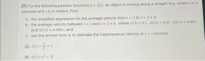 Solved [T] For the following position functions y=s(t), an | Chegg.com