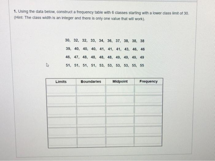 Solved 1. Using the data below, construct a frequency table | Chegg.com