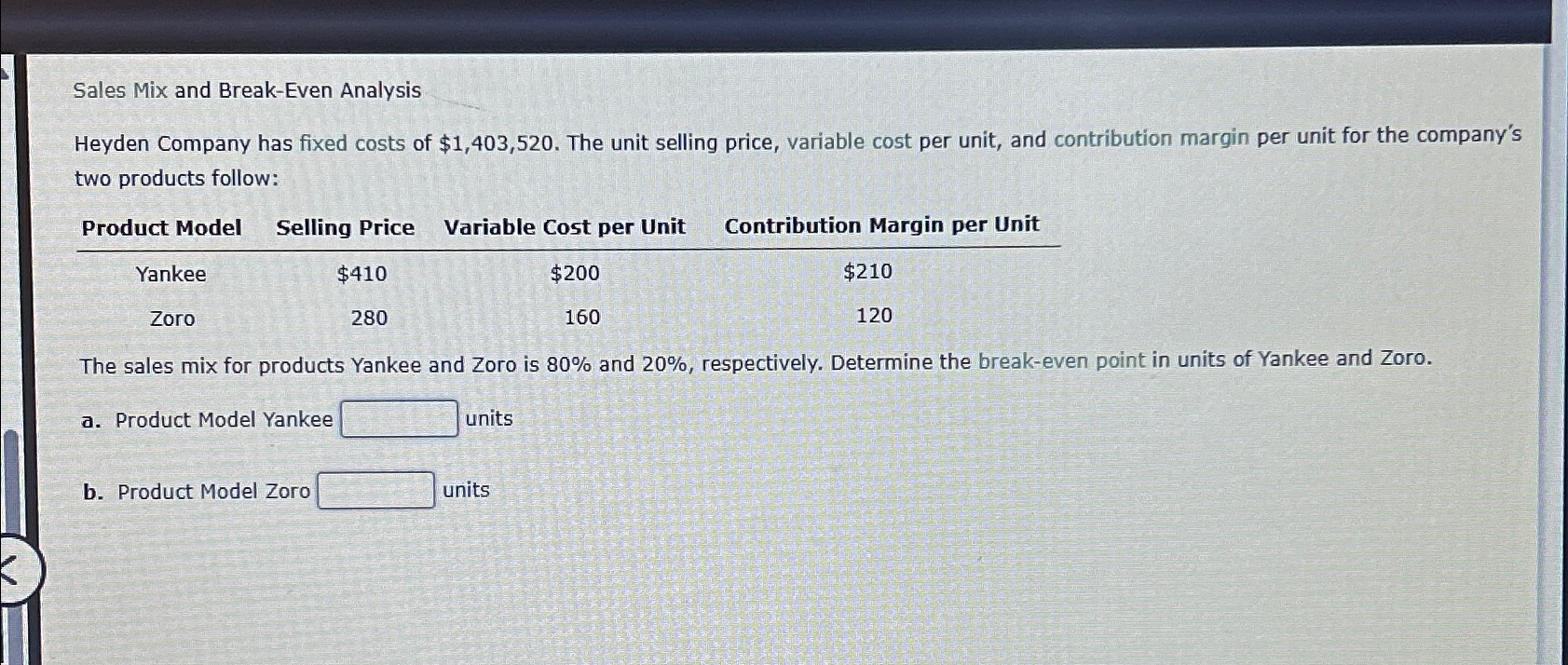 Solved Sales Mix and Break-Even AnalysisHeyden Company has | Chegg.com