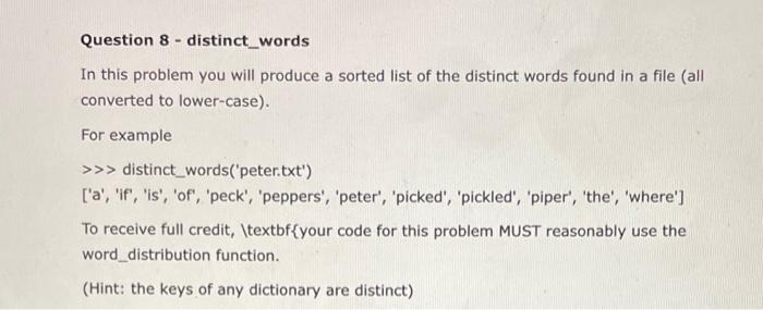 Solved - Question 8 - distinct_words In this problem you | Chegg.com