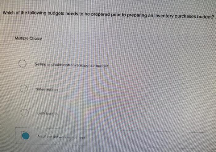 Solved Which Of The Following Budgets Needs To Be Prepared | Chegg.com