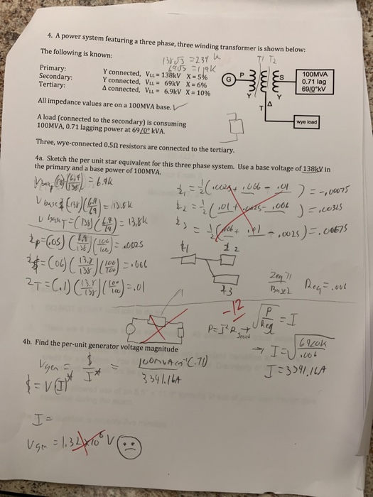 Solved 4. A power system featuring a three phase, three | Chegg.com