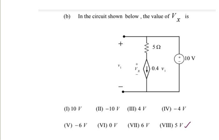 Solved (b) In The Circuit Shown Below, The Value Of V X (1) | Chegg.com