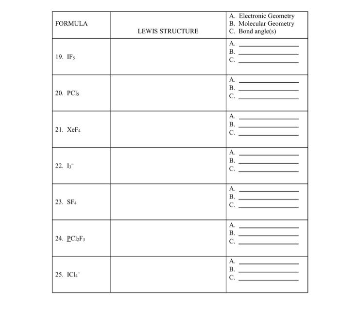 Solved FORMULA A. Electronic Geometry B. Molecular Geometry | Chegg.com