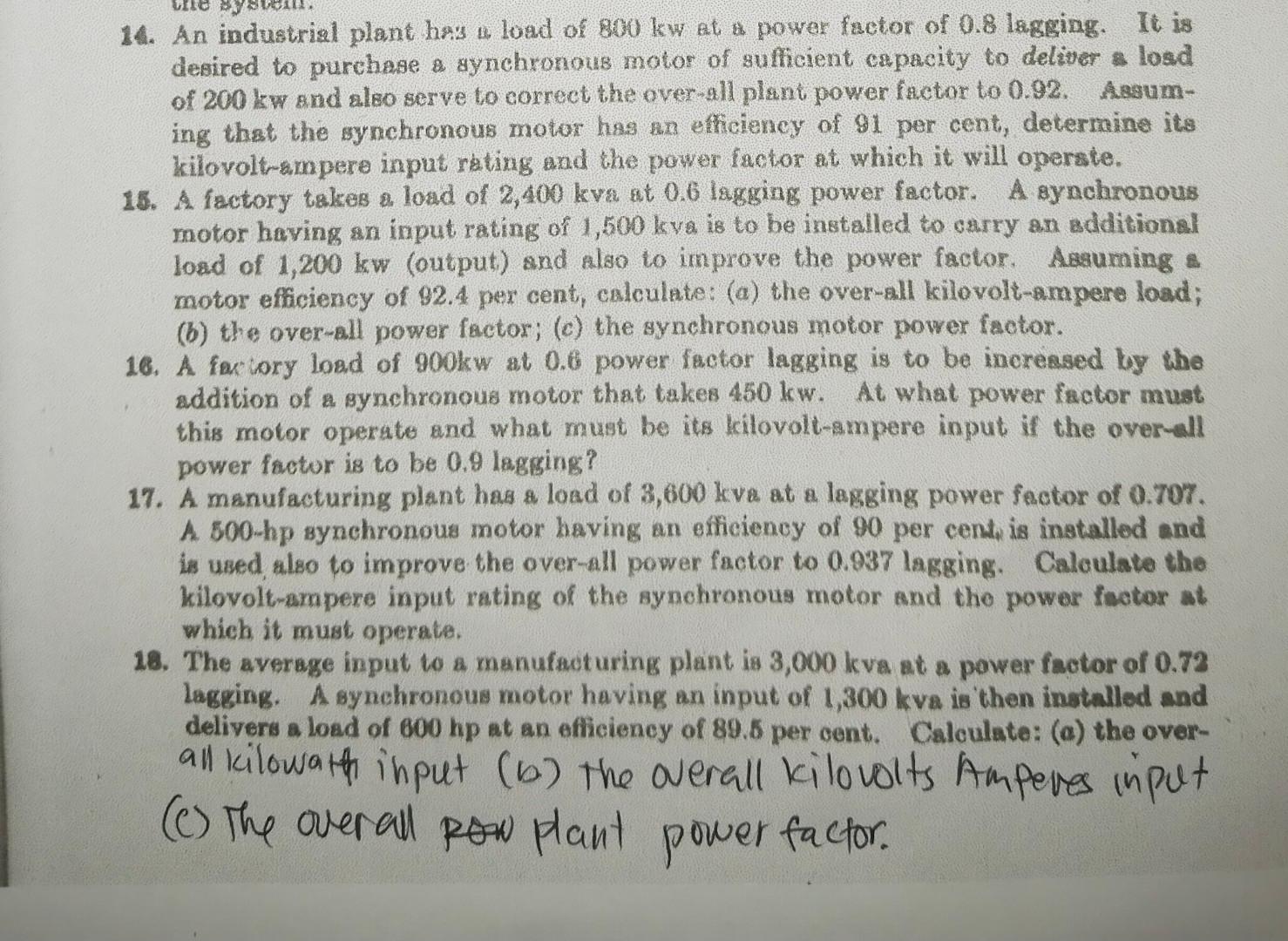 Solved 14. An industrial plant has a load of 800kw at a | Chegg.com