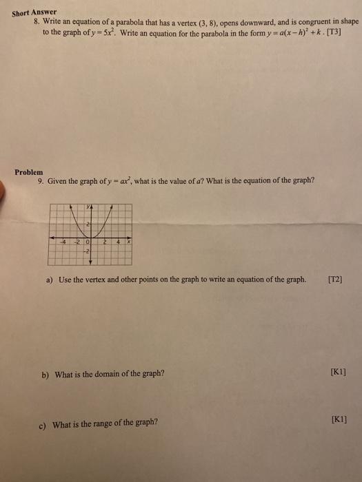 Short Answer 8 Write An Equation Of A Parabola That Chegg Com