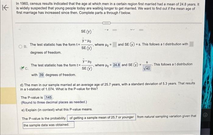 Solved In 1960 , census results indicated that the age at | Chegg.com