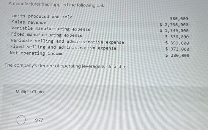 Solved A Manufacturer Has Supplied The Following Data: The | Chegg.com