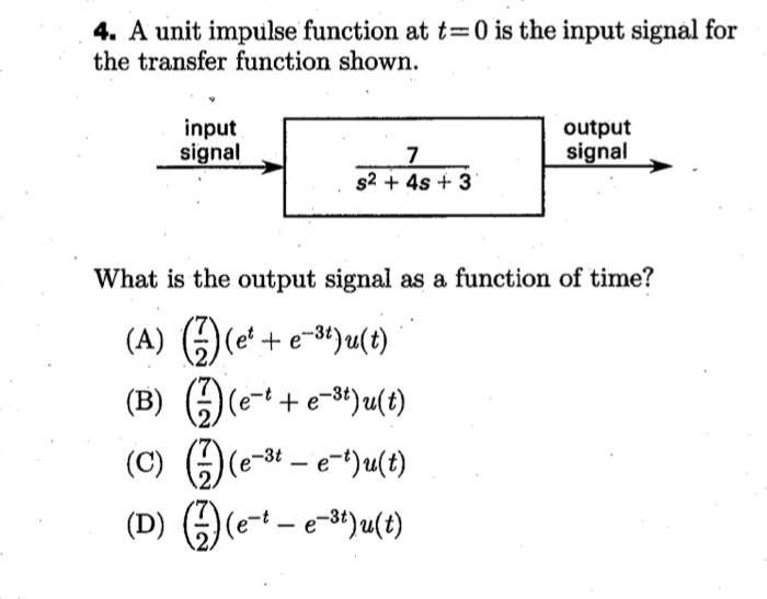 Solved 4. A unit impulse function at t=0 is the input signal | Chegg.com