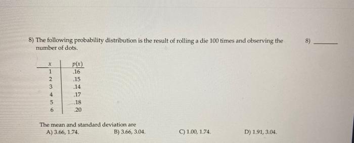 Solved 8) The following probability distribution is the | Chegg.com