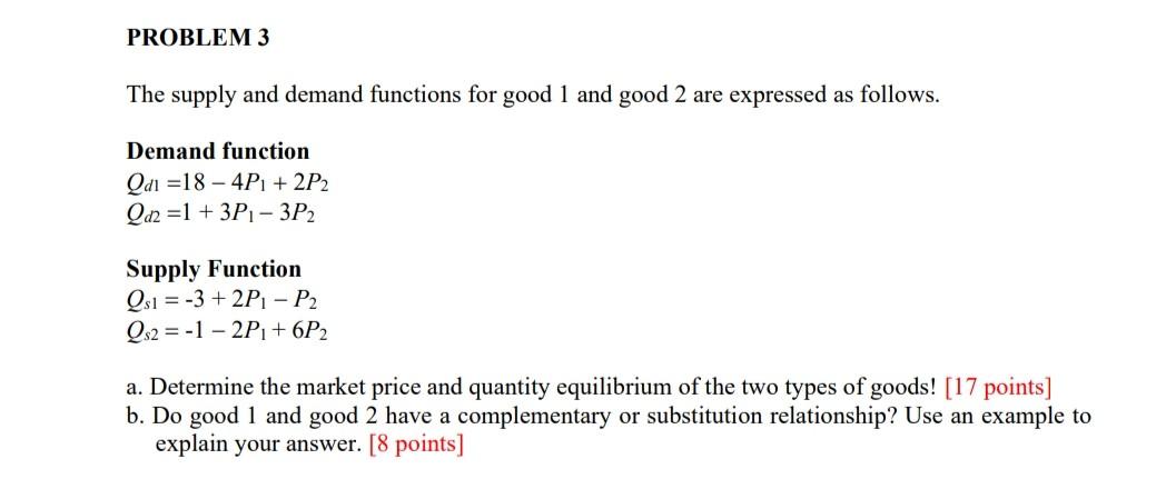 Solved PROBLEM 3 The supply and demand functions for good 1 | Chegg.com
