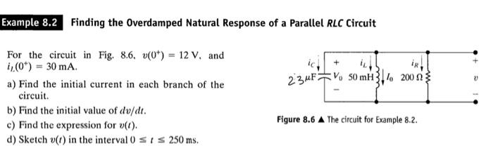Example 8.2 Finding the Overdamped Natural Response of a Parallel RLC Circuit
For the circuit in Fig. 8.6, v(0) = 12 V, and
i