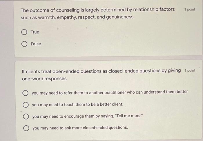 Solved 1 point The outcome of counseling is largely Chegg