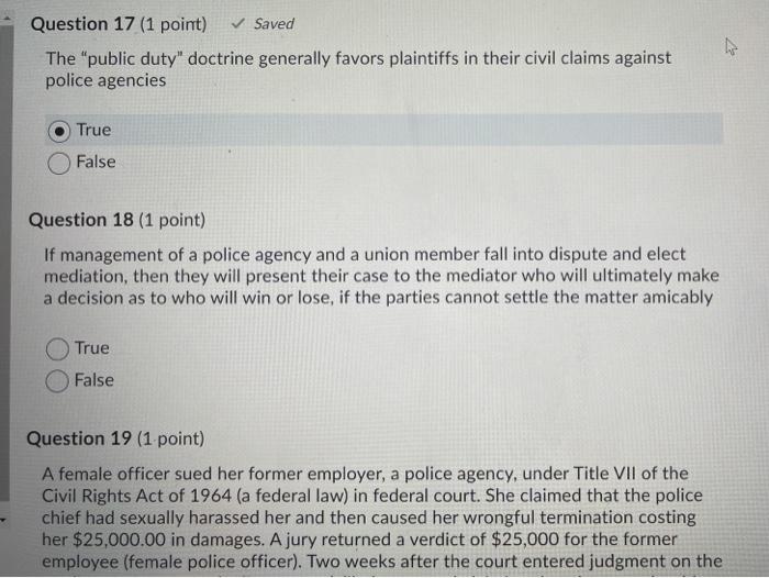 Solved Question 17 (1 point) Saved The "public duty" | Chegg.com