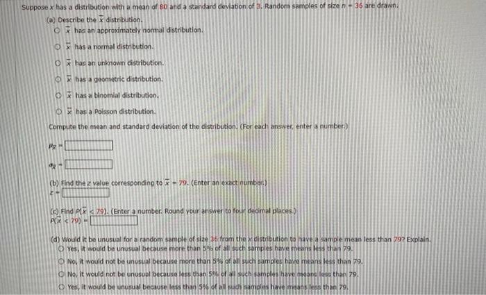 Solved Suppose x has a distribution with a mean of 80 and a | Chegg.com