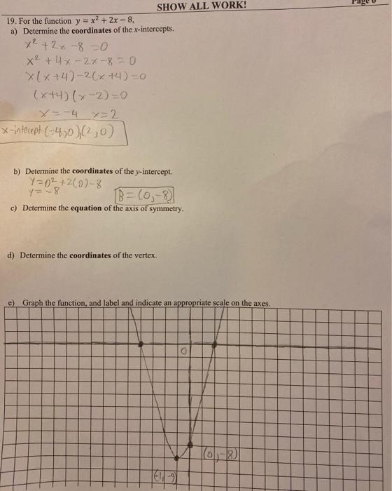 Solved Show All Work 19 For The Function Y X2 2x 8 Chegg Com