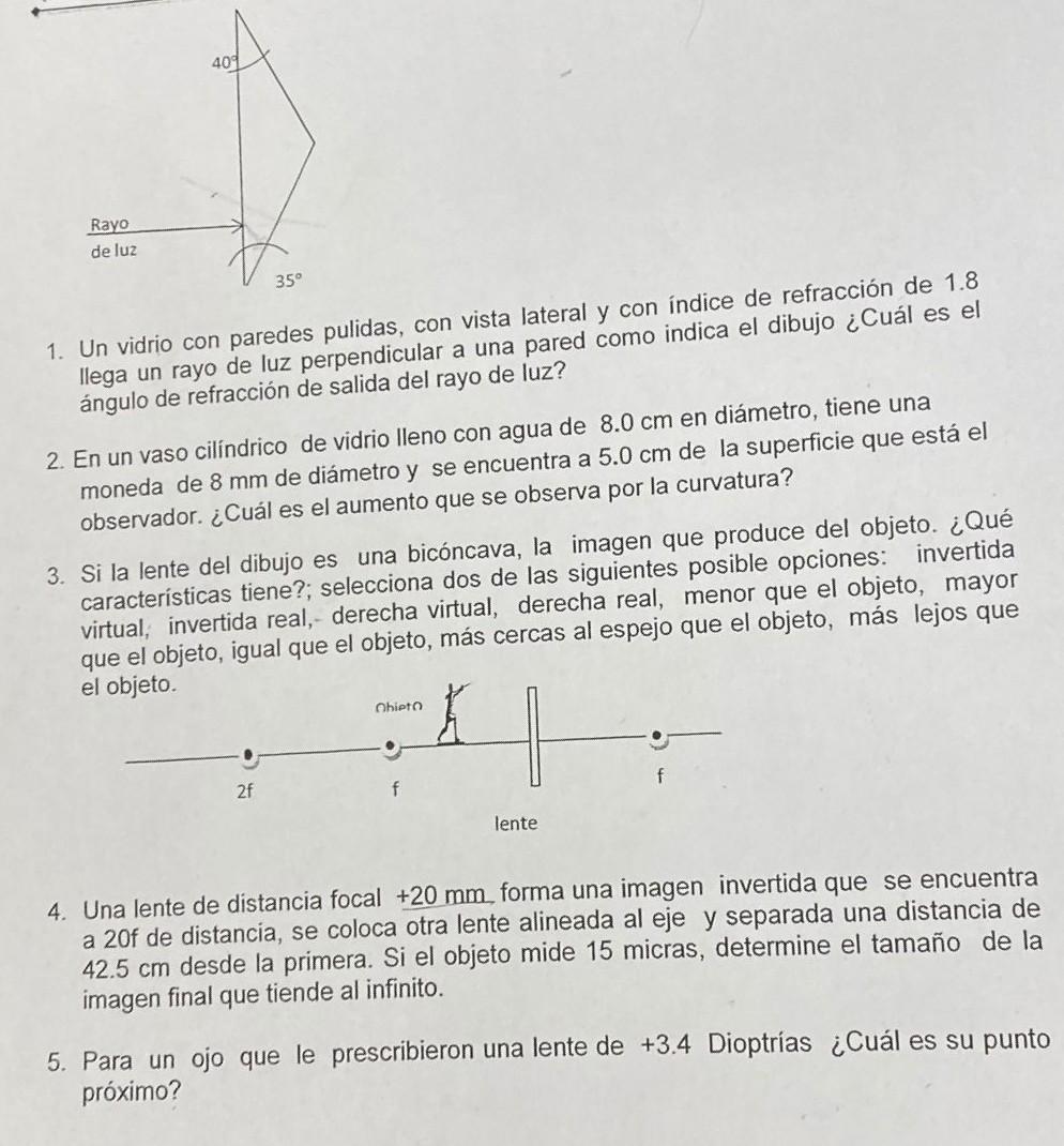 1. Un vidrio con paredes pulidas, con vista lateral y con indice de refracción de 1.8 llega un rayo de luz perpendicular a un