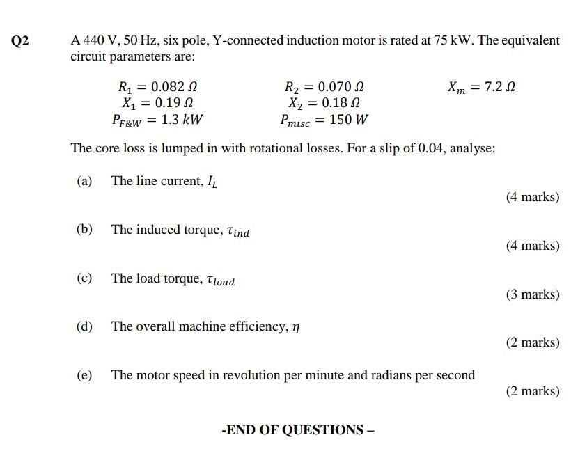 Solved Q2 A 440 V, 50 Hz, six pole, Y-connected induction | Chegg.com