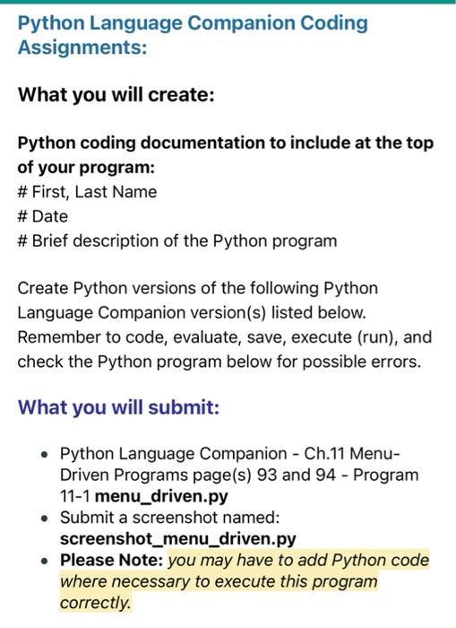 Solved Python Language Companion Coding Assignments: What | Chegg.com