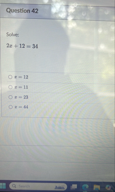 Solved Question 42Solve:2x 12=34 x=12x=11x=23x=44Search | Chegg.com
