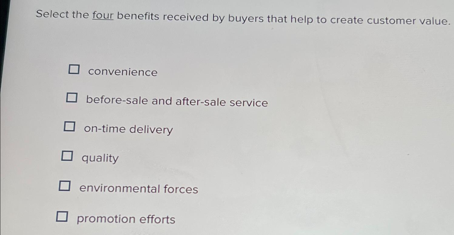 Solved Select the four benefits received by buyers that help | Chegg.com