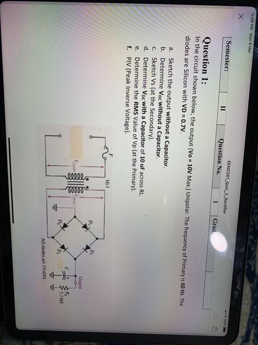 Solved 1208 PM Mon 8 Mar Semester EENG261_Quiz_2_Rectifier