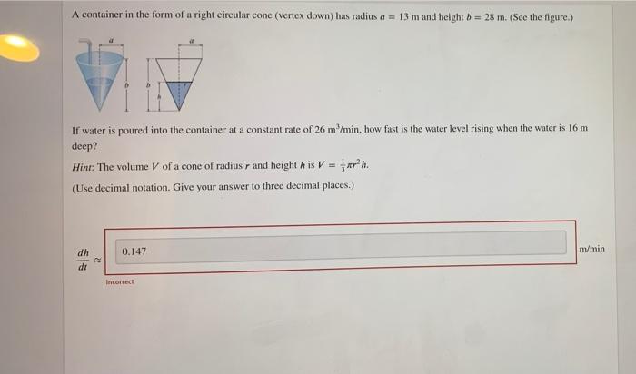 Solved A container in the form of a right circular cone | Chegg.com