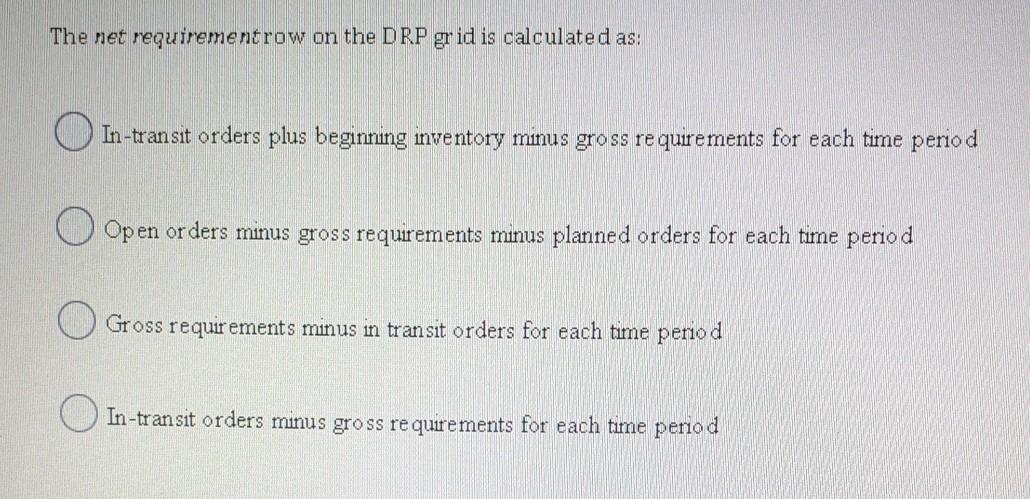 Solved The net requirementrow on the DRP grid is calculated | Chegg.com