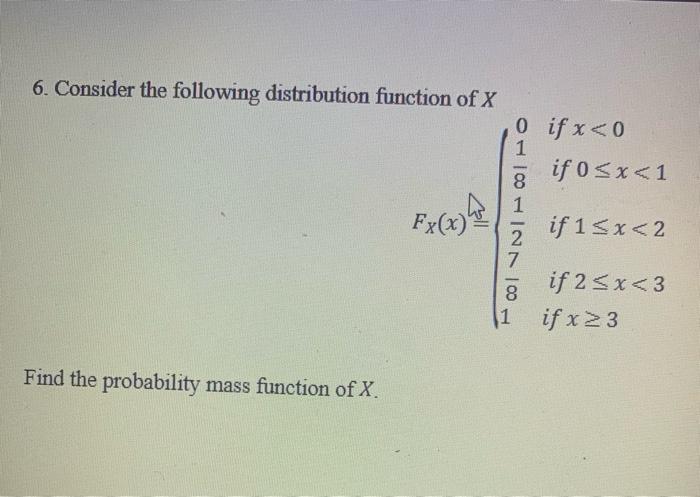 Solved 6. Consider the following distribution function of X | Chegg.com