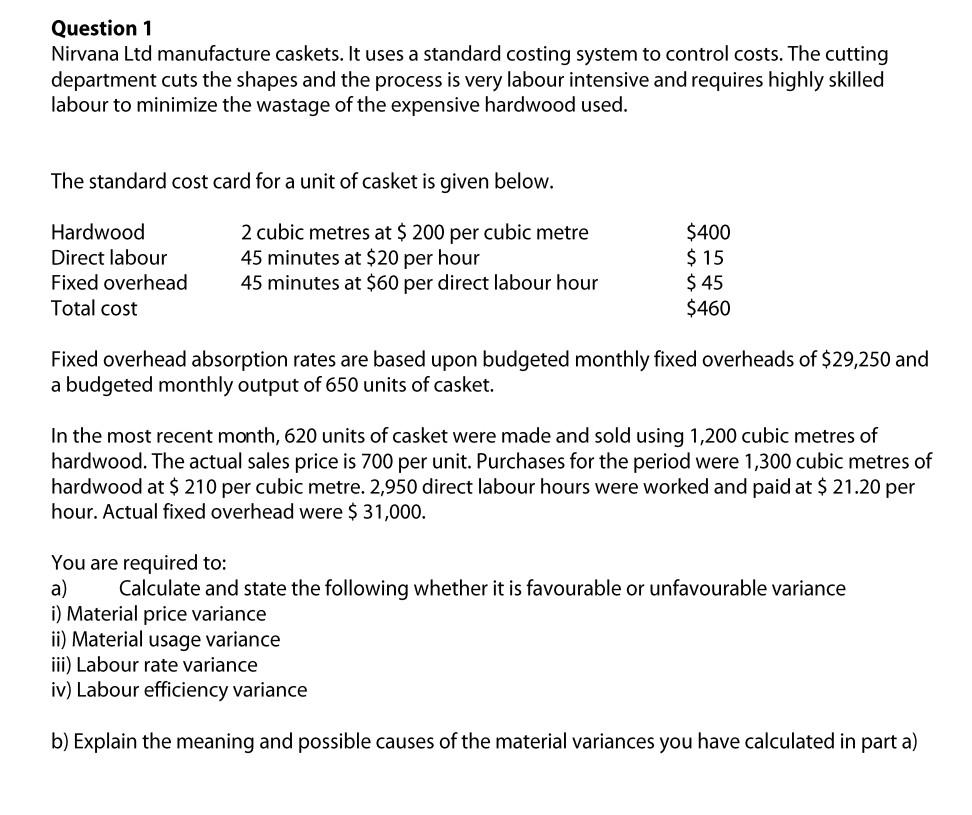 Solved Question 1 Nirvana Ltd Manufacture Caskets It Uses A Chegg Com