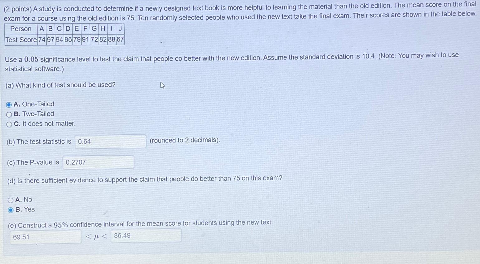 Solved (2 ﻿points) ﻿A study is conducted to determine if a | Chegg.com