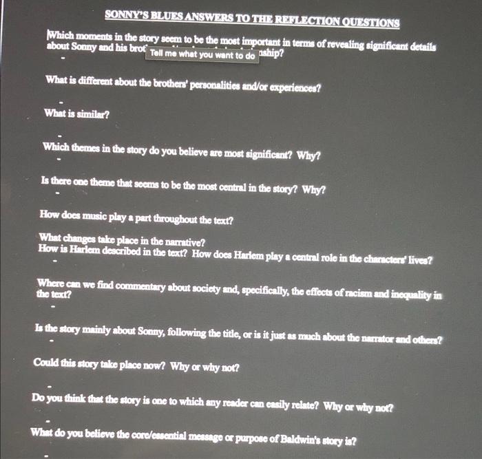 SONNY'S BLUES ANSWERS TO THE REFLECTION QUESTIONS