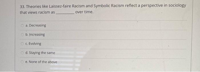 Solved 33. Theories like Laissez-faire Racism and Symbolic | Chegg.com