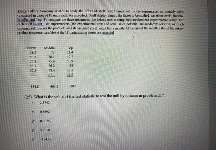 Solved Tastee Bakery Company wishes to study the effect of | Chegg.com