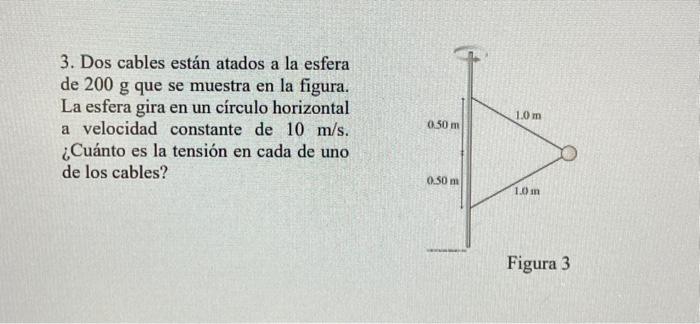 3. Dos cables están atados a la esfera de \( 200 \mathrm{~g} \) que se muestra en la figura. La esfera gira en un círculo hor