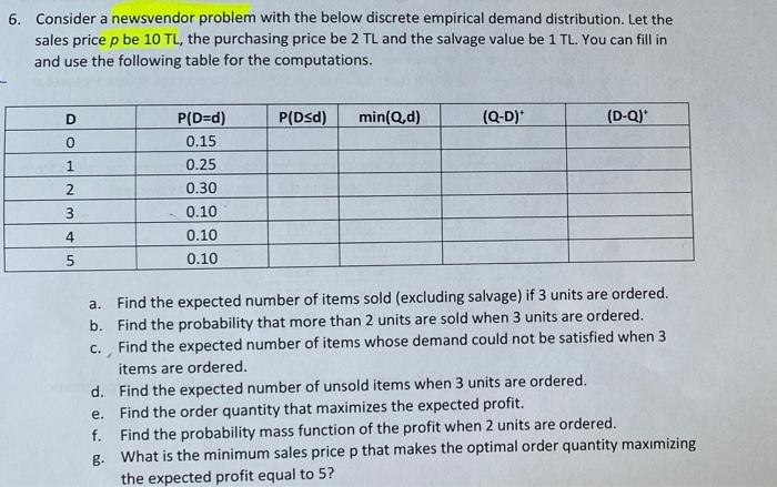 Solved 6. Consider a newsvendor problem with the below | Chegg.com