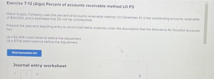 Solved Exercise 7-13 (Algo) Percent Of Accounts Receivable | Chegg.com