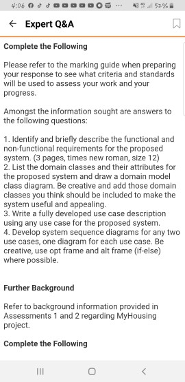 4:06 o ooooooo... 1 .52% + expert q&a complete the following please refer to the marking guide when preparing your response t