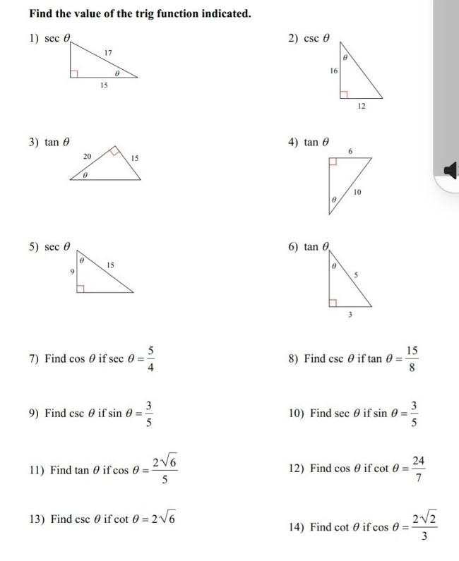 Solved Find The Value Of The Trig Function Indicated 1 Chegg Com