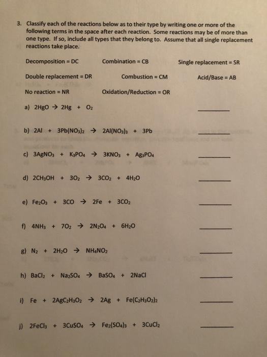 Solved 3. Classify Each Of The Reactions Below As To Their 