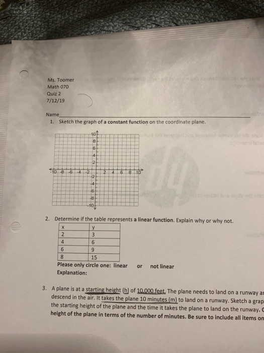 Math 070 Example Question Solved Ms. Toomer Math 070 Quiz 2 7/12/19 Name 1. Sketch the | Chegg.com