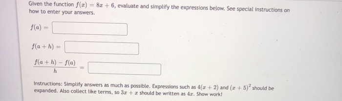 Solved Given the function f(x) = 8x + 6, evaluate and | Chegg.com