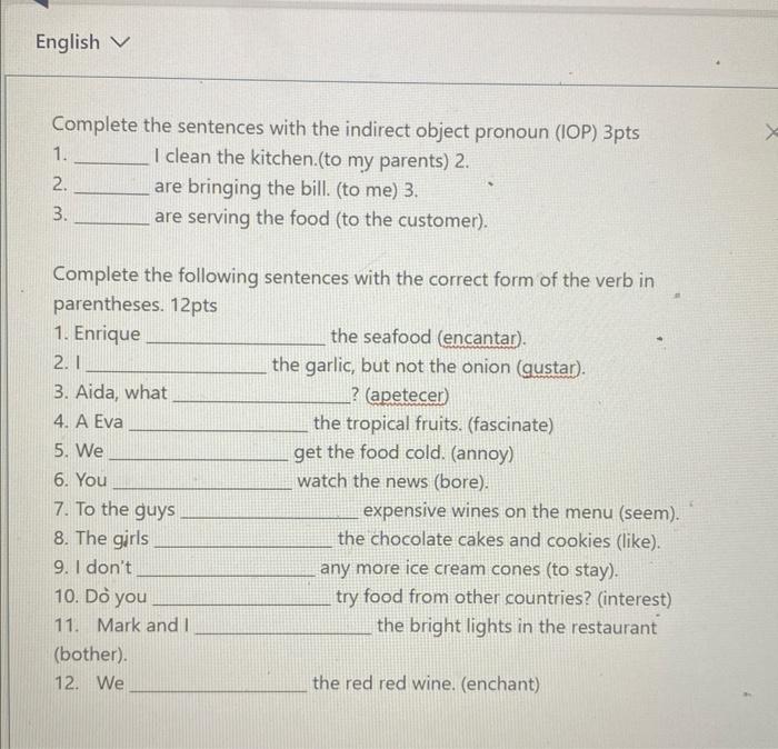 Complete the sentences with the indirect object | Chegg.com